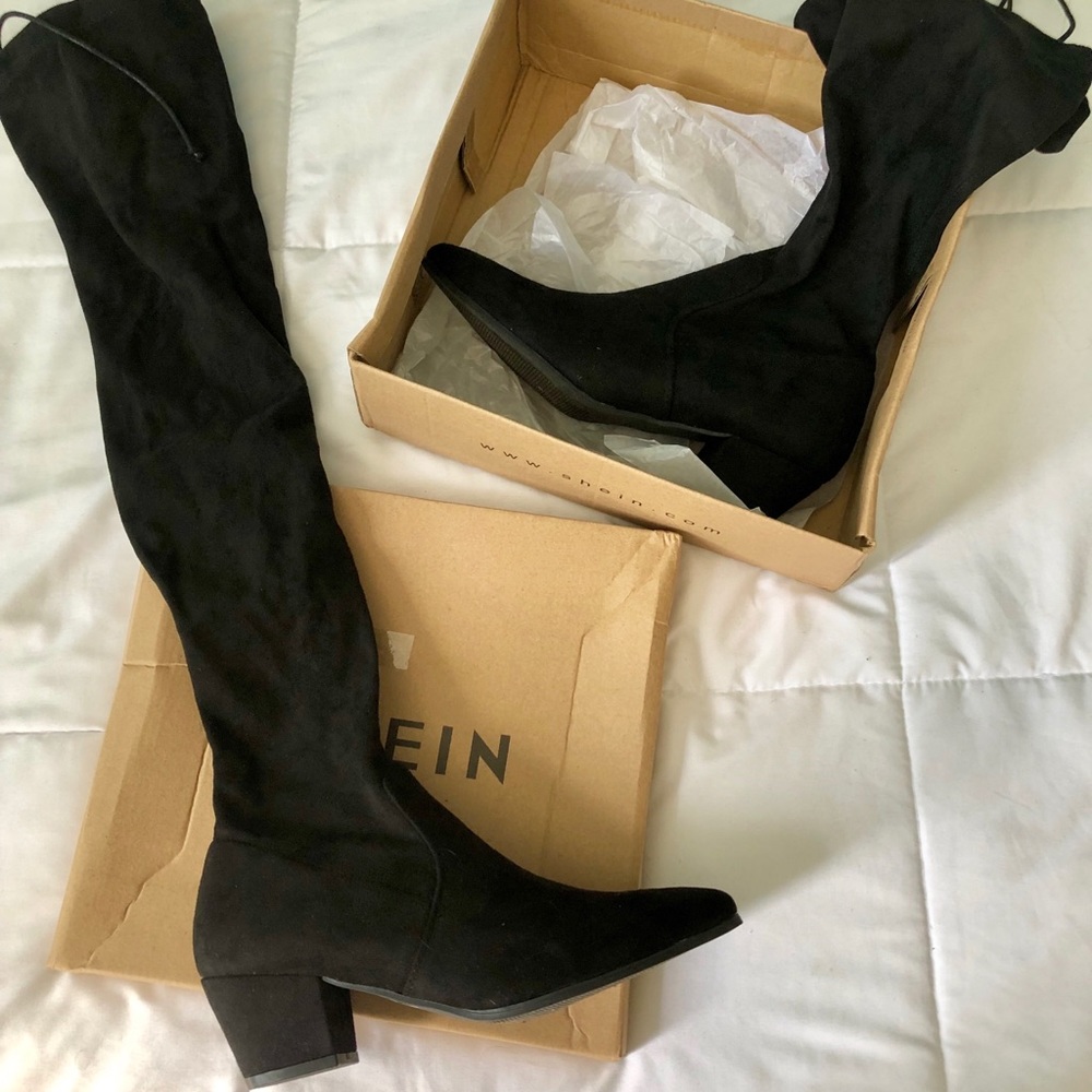 Pointy Toe Chunky Low Heel Thigh High Boots